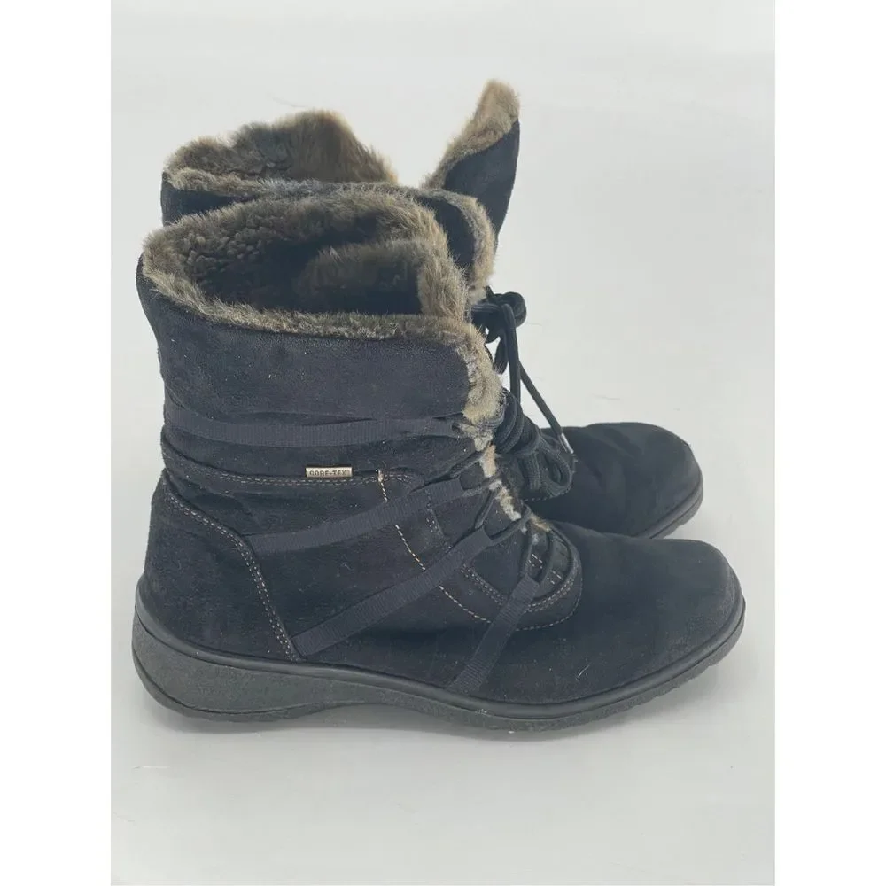 Ara Boots Magaly Women Size 6.5 Black Suede Gore Tex Faux Fur‎ Lace Up